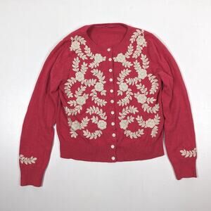 Sundance Cardigan Women's Size XS/S Meadow Crewelwork Salmon Pink Button Down